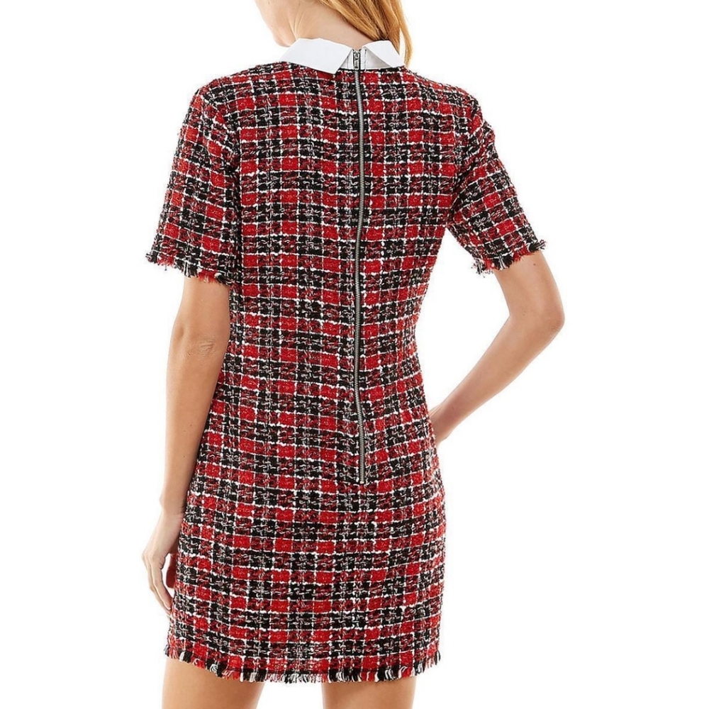 Kingston Grey Bow Neck Red Tweed Short Sleeve Sheath Dress with Fringe Hem - Picture 2 of 10
